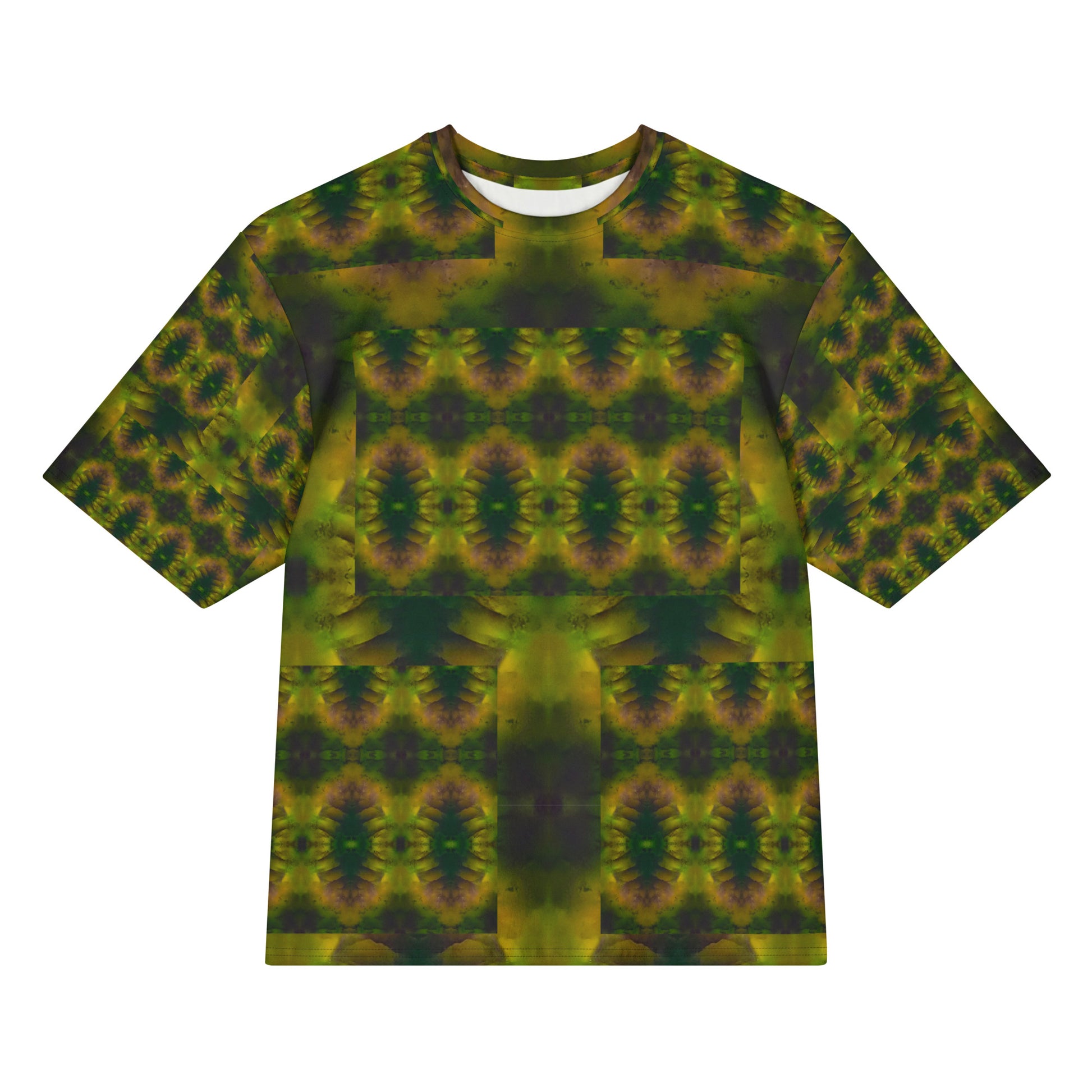 Front view of Purely Jade Light Cotton OverSized T-Shirt with dark green-and-gold mirrored medallion field, vertical center band, and patterned sleeves by RJSTH.