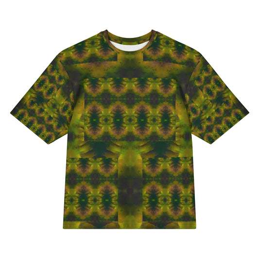 Front view of Purely Jade Light Cotton OverSized T-Shirt with dark green-and-gold mirrored medallion field, vertical center band, and patterned sleeves by RJSTH.