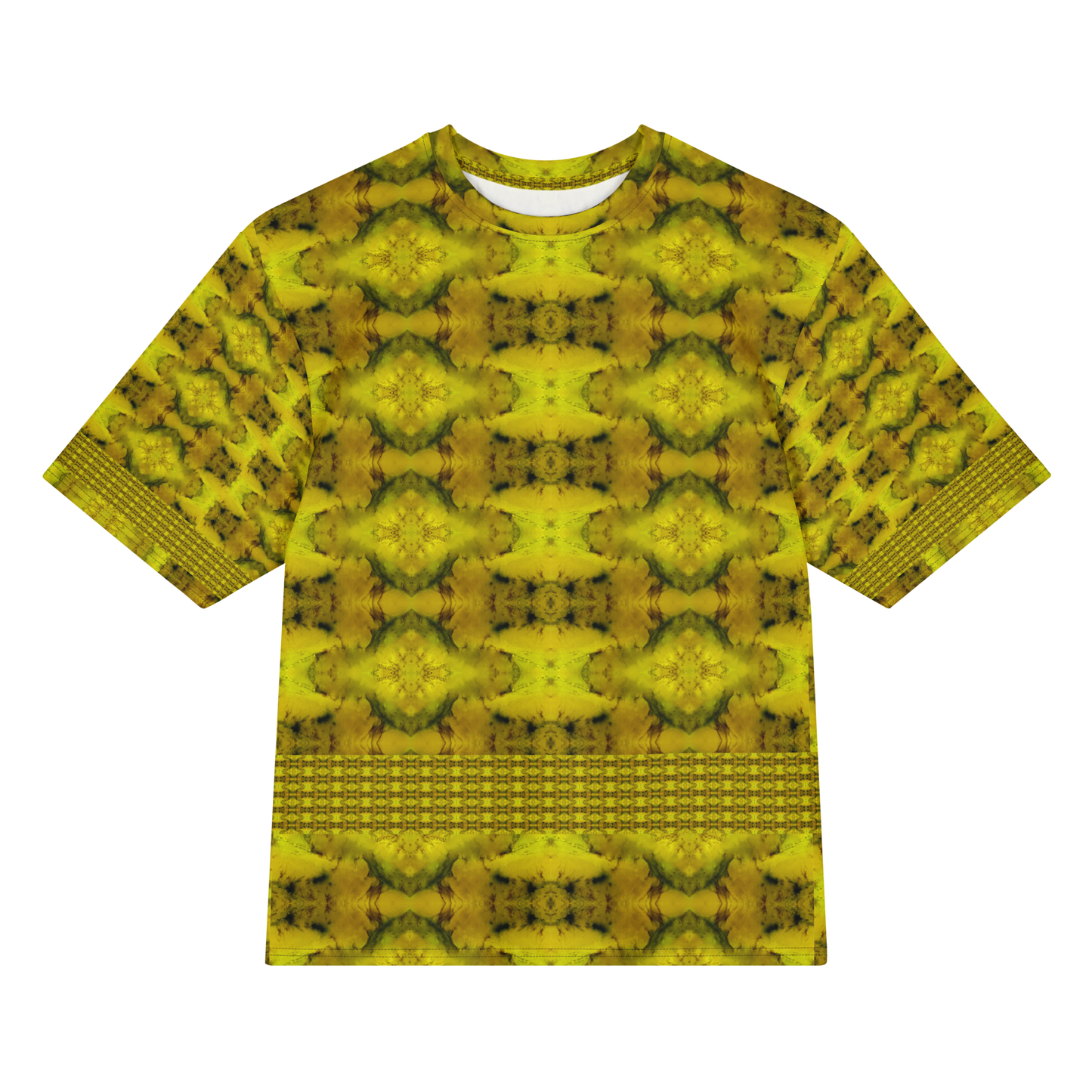 Front view of Purely Jade Light Cotton OverSized T-Shirt with gold-dominant yellow field, soft floral medallion rows, and lower lattice band, and patterned sleeves by RJSTH.