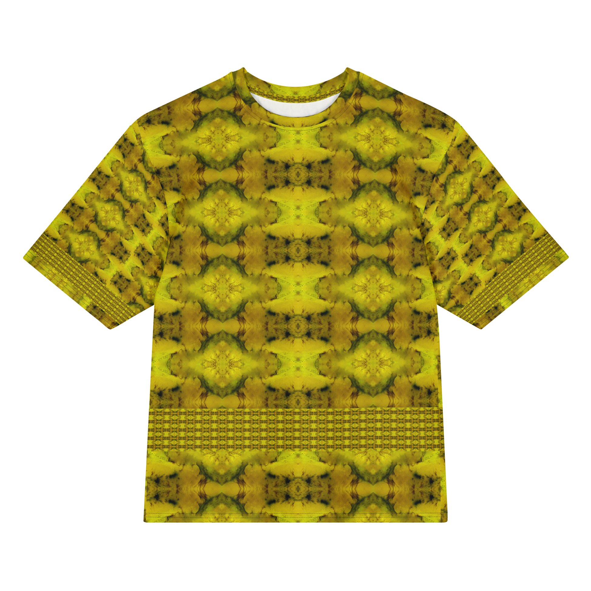 Front view of Purely Jade Light Cotton OverSized T-Shirt with gold-dominant yellow field, soft floral medallion rows, and lower lattice band, and patterned sleeves by RJSTH.