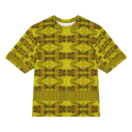 Front view of Purely Jade Light Cotton OverSized T-Shirt with gold-dominant yellow field, soft floral medallion rows, and lower lattice band, and patterned sleeves by RJSTH.