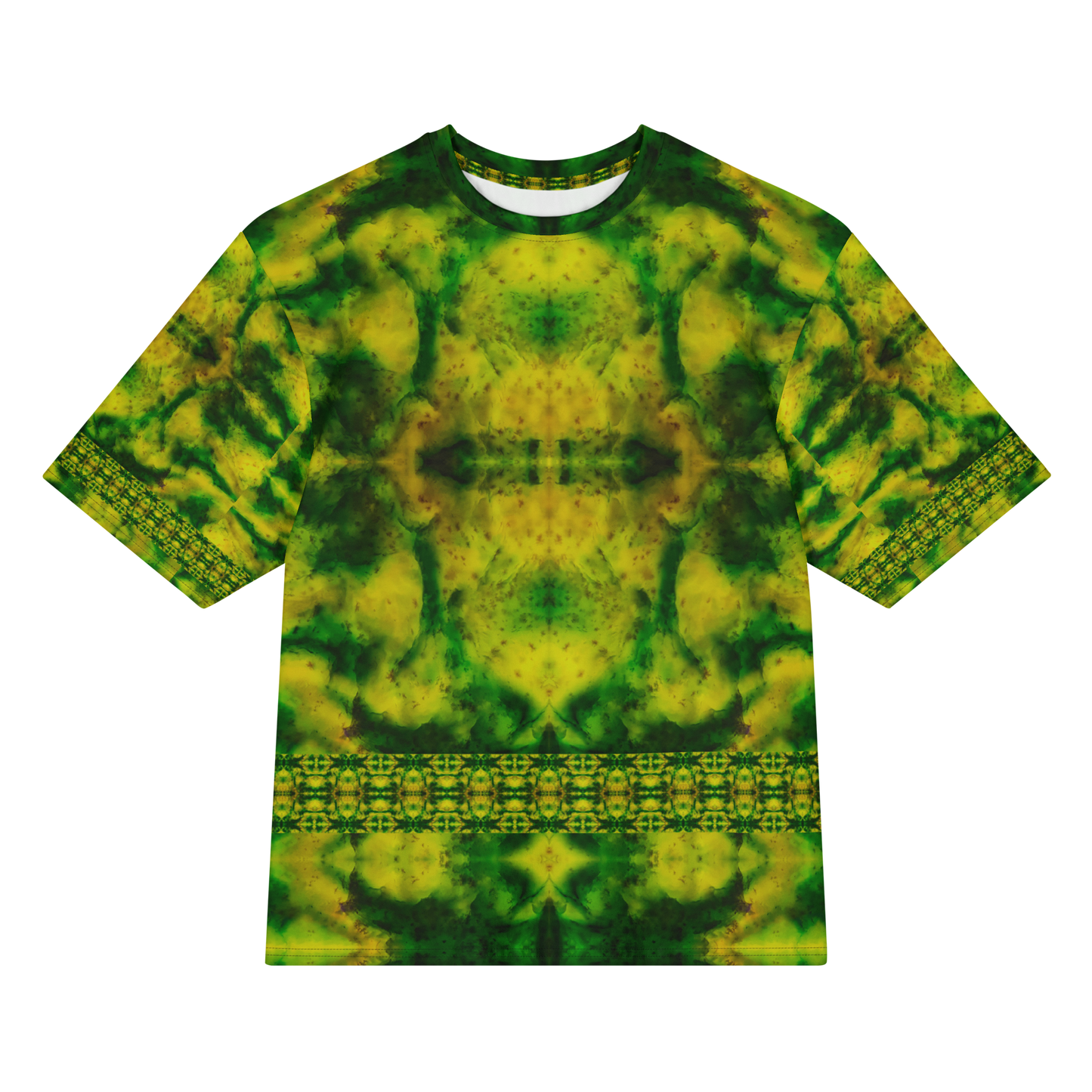 Front view of Purely Jade Light Cotton OverSized T-Shirt with soft marbled yellow-green field, central mirrored plume, and lower lattice band, and patterned sleeves by RJSTH.