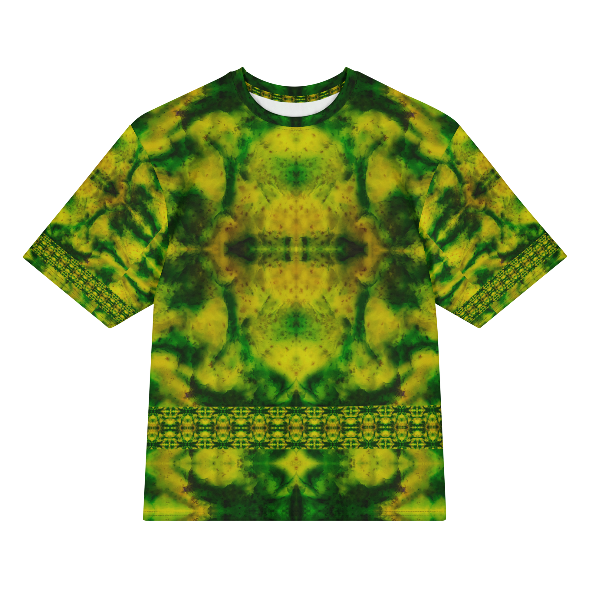 Front view of Purely Jade Light Cotton OverSized T-Shirt with soft marbled yellow-green field, central mirrored plume, and lower lattice band, and patterned sleeves by RJSTH.