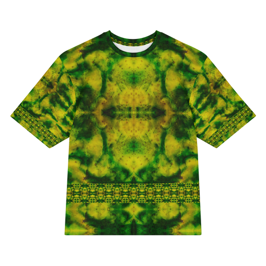 Front view of Purely Jade Light Cotton OverSized T-Shirt with soft marbled yellow-green field, central mirrored plume, and lower lattice band, and patterned sleeves by RJSTH.