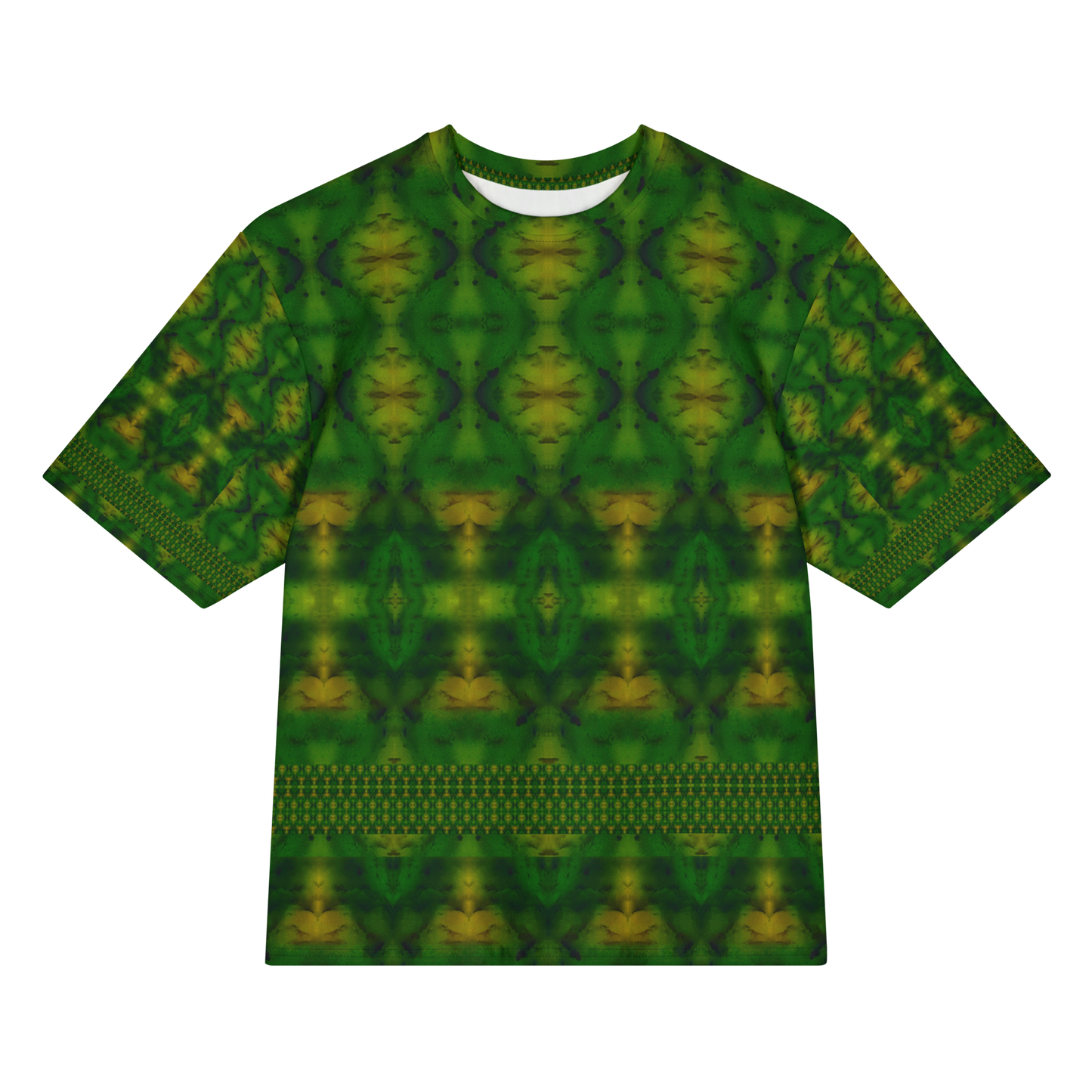 Front view of Purely Jade Light Cotton OverSized T-Shirt with green field, yellow medallion chamber forms, and lower horizontal lattice band, and patterned sleeves by RJSTH.