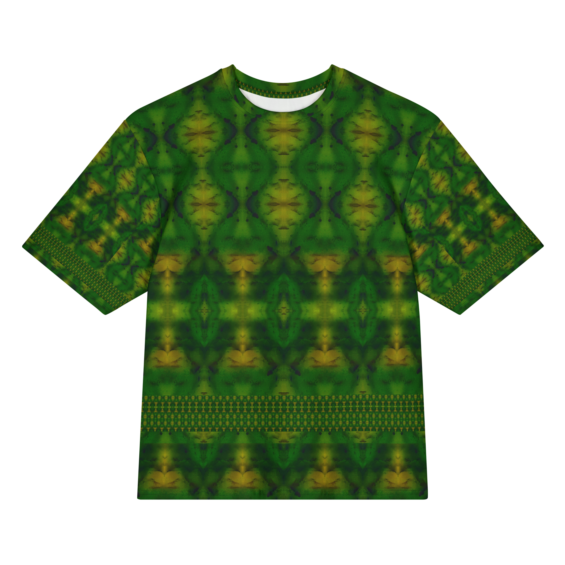Front view of Purely Jade Light Cotton OverSized T-Shirt with green field, yellow medallion chamber forms, and lower horizontal lattice band, and patterned sleeves by RJSTH.