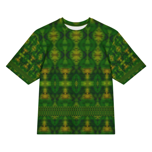 Front view of Purely Jade Light Cotton OverSized T-Shirt with green field, yellow medallion chamber forms, and lower horizontal lattice band, and patterned sleeves by RJSTH.