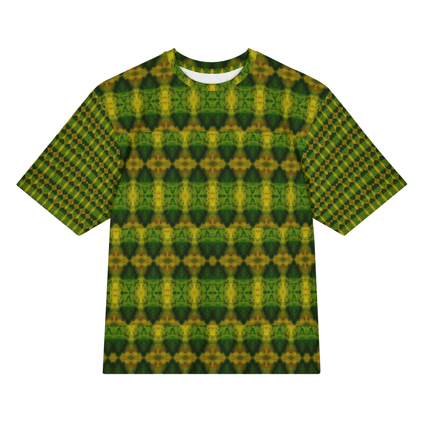Front view of Purely Jade Light Cotton OverSized T-Shirt with darker green-yellow rows of mirrored diamond urn forms, and patterned sleeves by RJSTH.