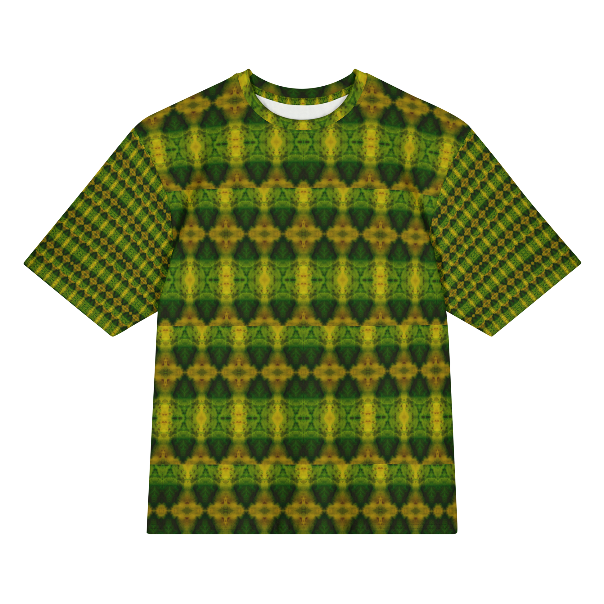 Front view of Purely Jade Light Cotton OverSized T-Shirt with darker green-yellow rows of mirrored diamond urn forms, and patterned sleeves by RJSTH.