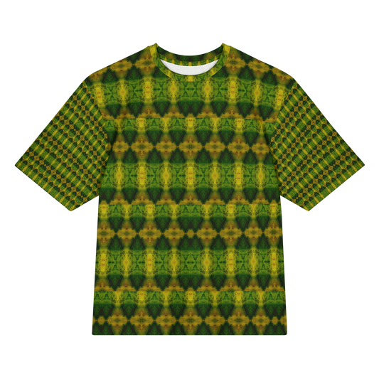 Front view of Purely Jade Light Cotton OverSized T-Shirt with darker green-yellow rows of mirrored diamond urn forms, and patterned sleeves by RJSTH.