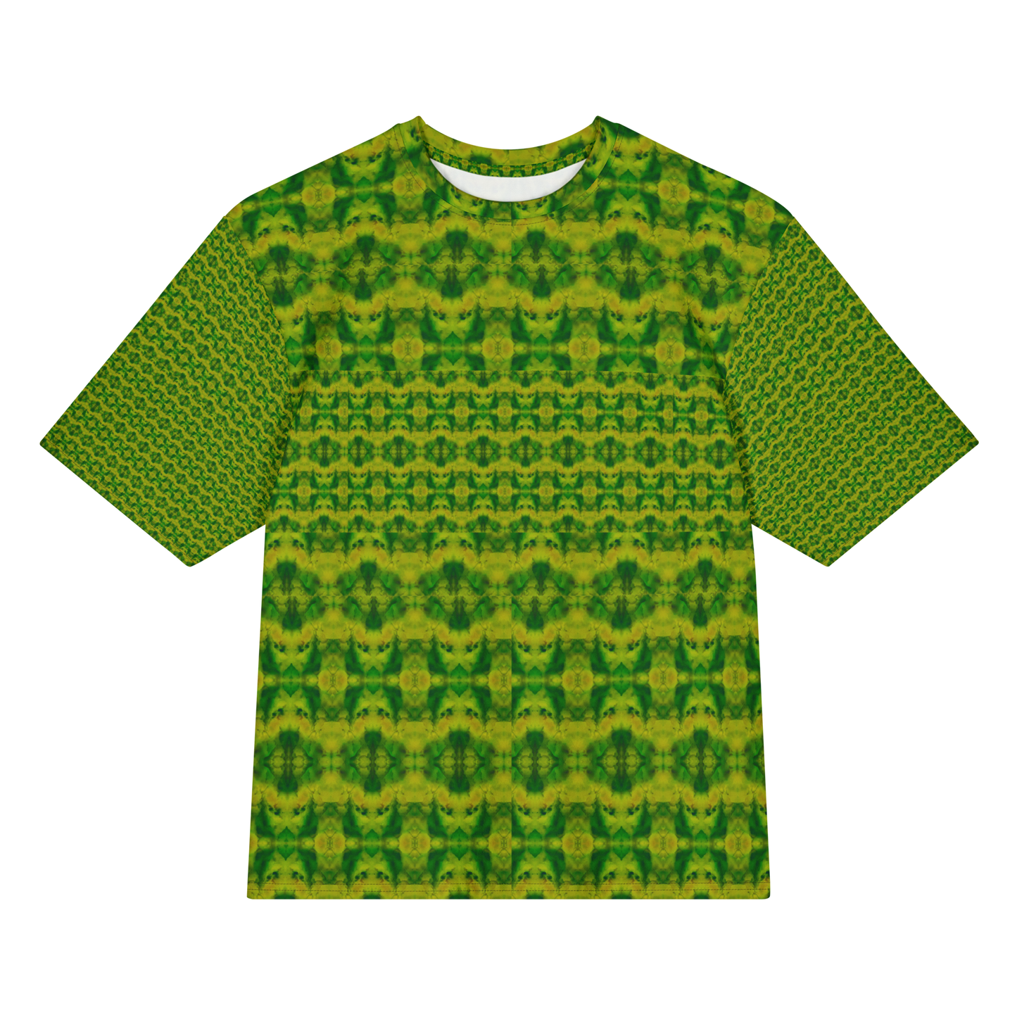Front view of Purely Jade Light Cotton OverSized T-Shirt with green-yellow medallion grid and small horizontal lower band, and patterned sleeves by RJSTH.