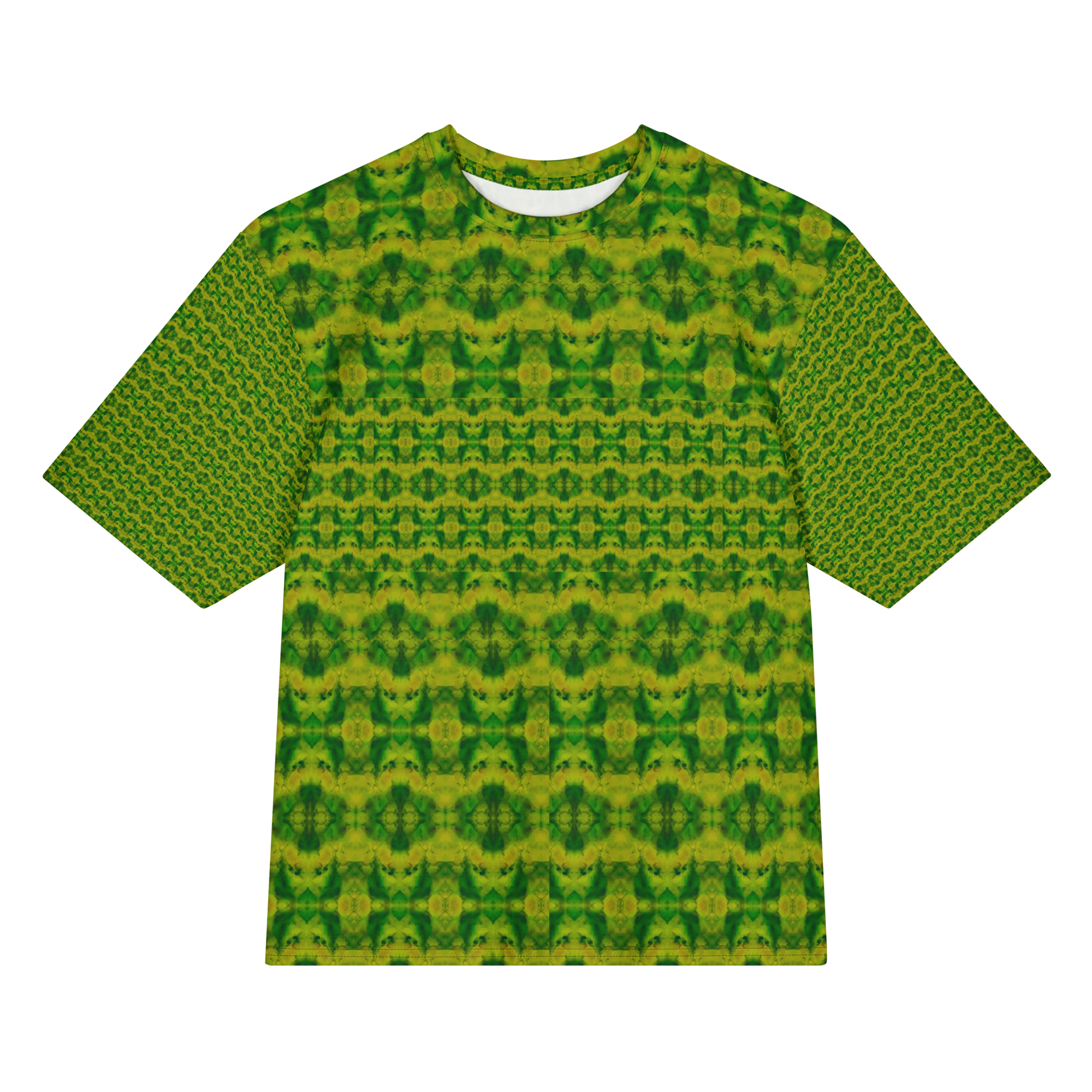 Front view of Purely Jade Light Cotton OverSized T-Shirt with green-yellow medallion grid and small horizontal lower band, and patterned sleeves by RJSTH.