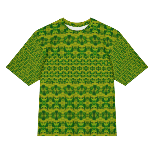 Front view of Purely Jade Light Cotton OverSized T-Shirt with green-yellow medallion grid and small horizontal lower band, and patterned sleeves by RJSTH.