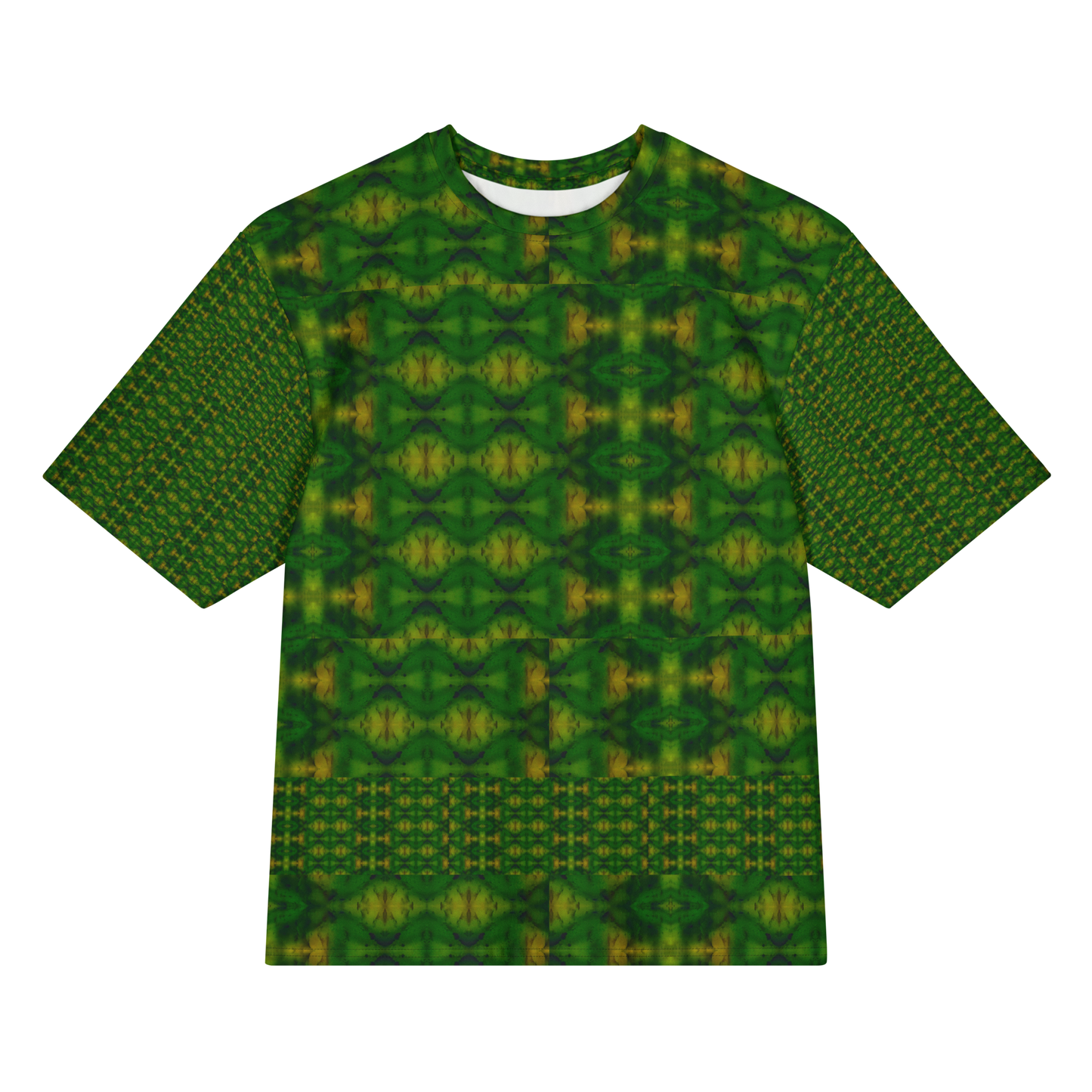 Front view of Purely Jade Light Cotton OverSized T-Shirt with dark green lattice medallion field and lower horizontal band, and patterned sleeves by RJSTH.