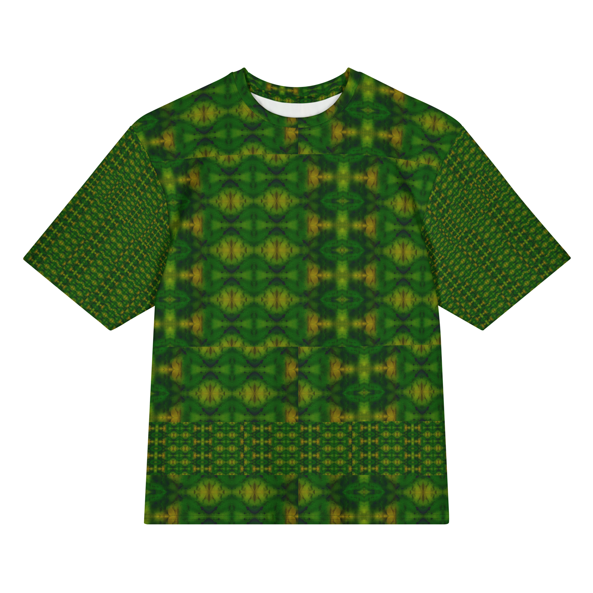 Front view of Purely Jade Light Cotton OverSized T-Shirt with dark green lattice medallion field and lower horizontal band, and patterned sleeves by RJSTH.