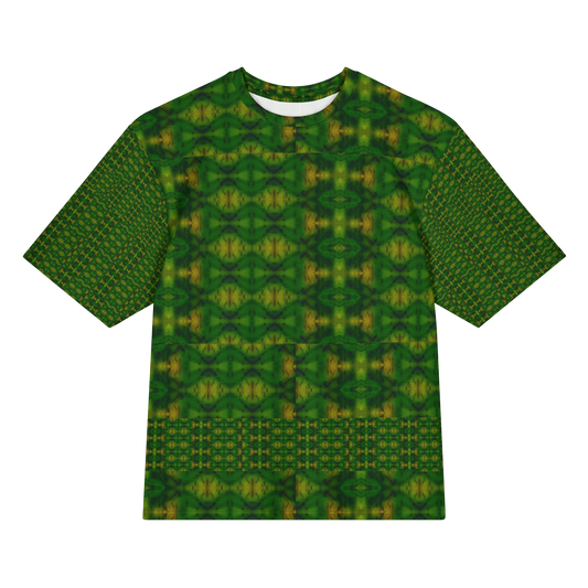 Front view of Purely Jade Light Cotton OverSized T-Shirt with dark green lattice medallion field and lower horizontal band, and patterned sleeves by RJSTH.