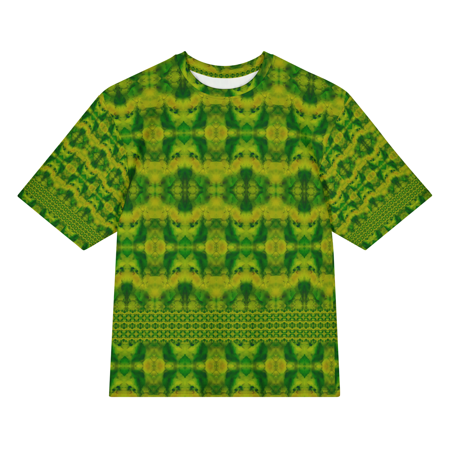 Front view of Purely Jade Light Cotton OverSized T-Shirt with green-yellow medallion grid and horizontal lower lattice band, and patterned sleeves by RJSTH.