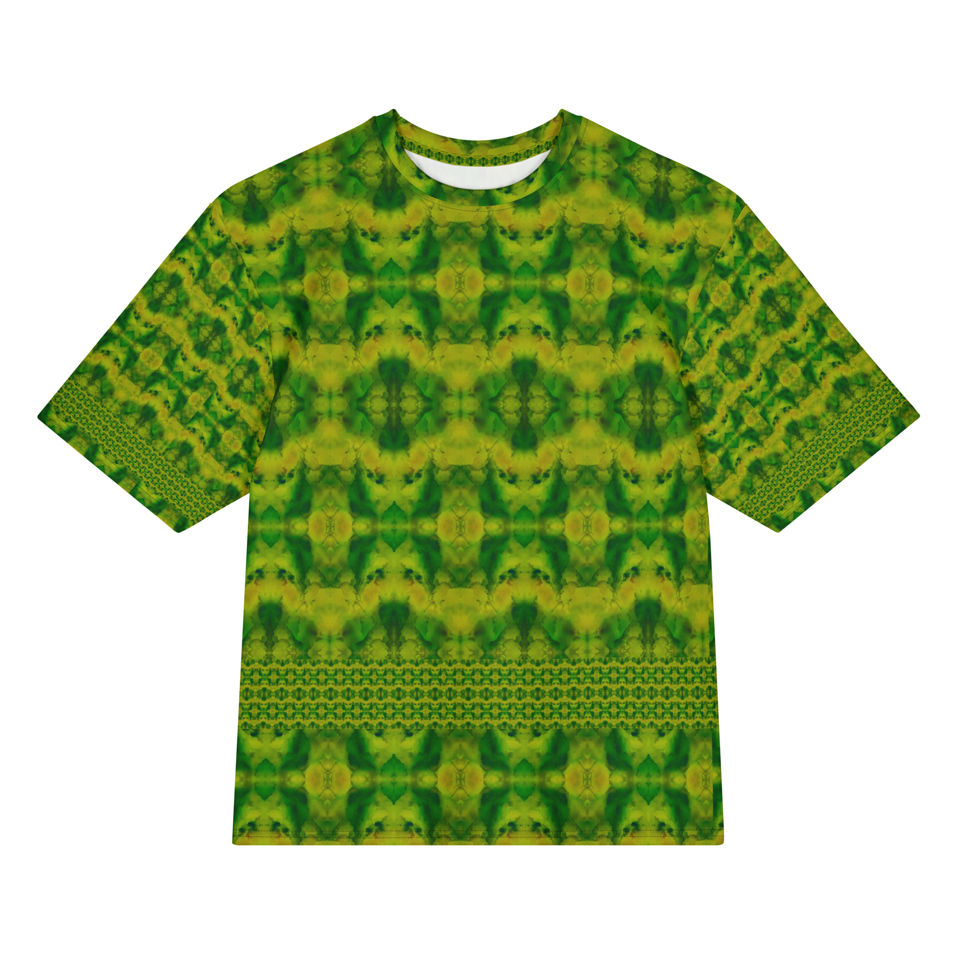 Front view of Purely Jade Light Cotton OverSized T-Shirt with green-yellow medallion grid and horizontal lower lattice band, and patterned sleeves by RJSTH.