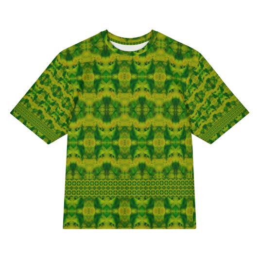 Front view of Purely Jade Light Cotton OverSized T-Shirt with green-yellow medallion grid and horizontal lower lattice band, and patterned sleeves by RJSTH.