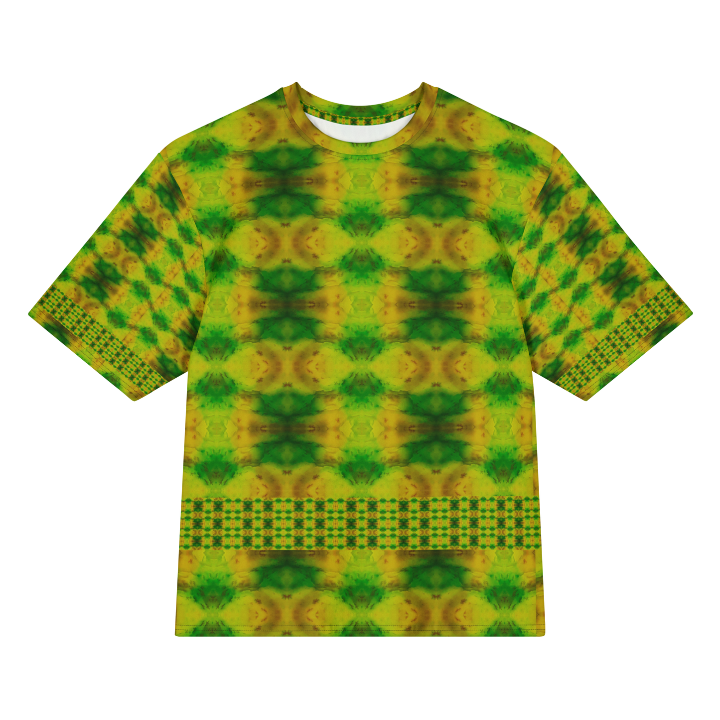 Front view of Purely Jade Light Cotton OverSized T-Shirt with green-yellow soft field, repeating circular medallion rows, and horizontal lower lattice band, and patterned sleeves by RJSTH.