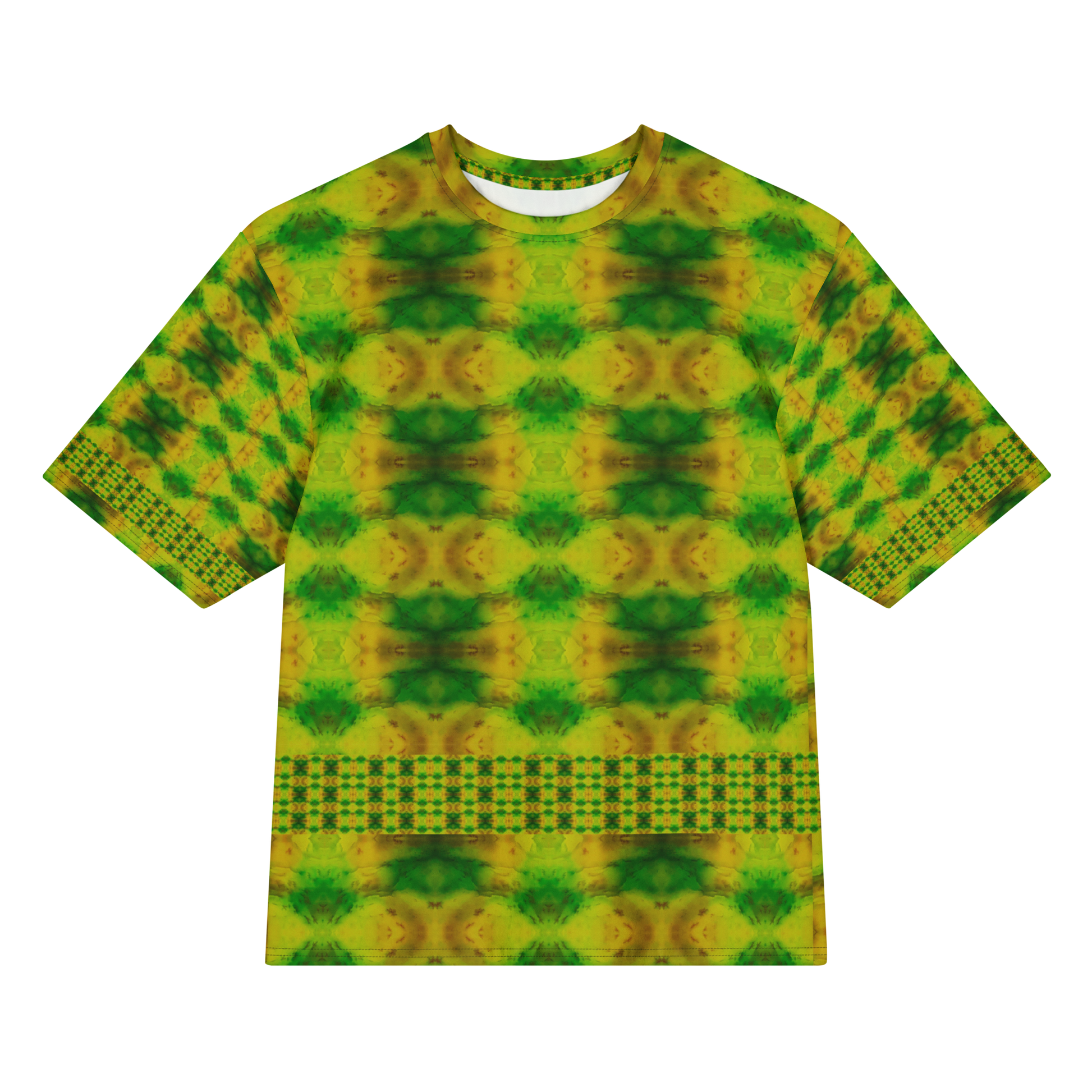 Front view of Purely Jade Light Cotton OverSized T-Shirt with green-yellow soft field, repeating circular medallion rows, and horizontal lower lattice band, and patterned sleeves by RJSTH.