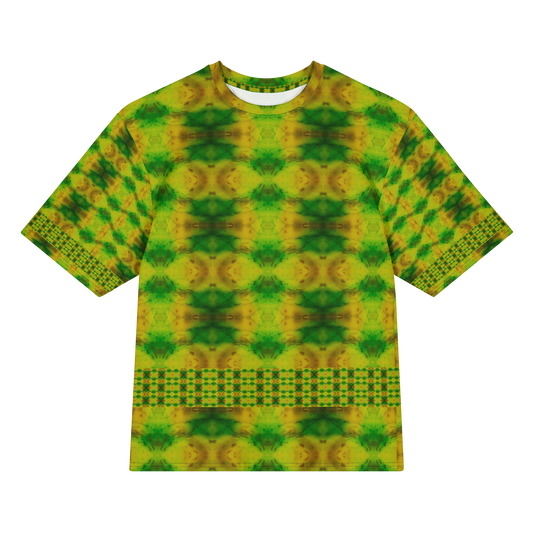 Front view of Purely Jade Light Cotton OverSized T-Shirt with green-yellow soft field, repeating circular medallion rows, and horizontal lower lattice band, and patterned sleeves by RJSTH.