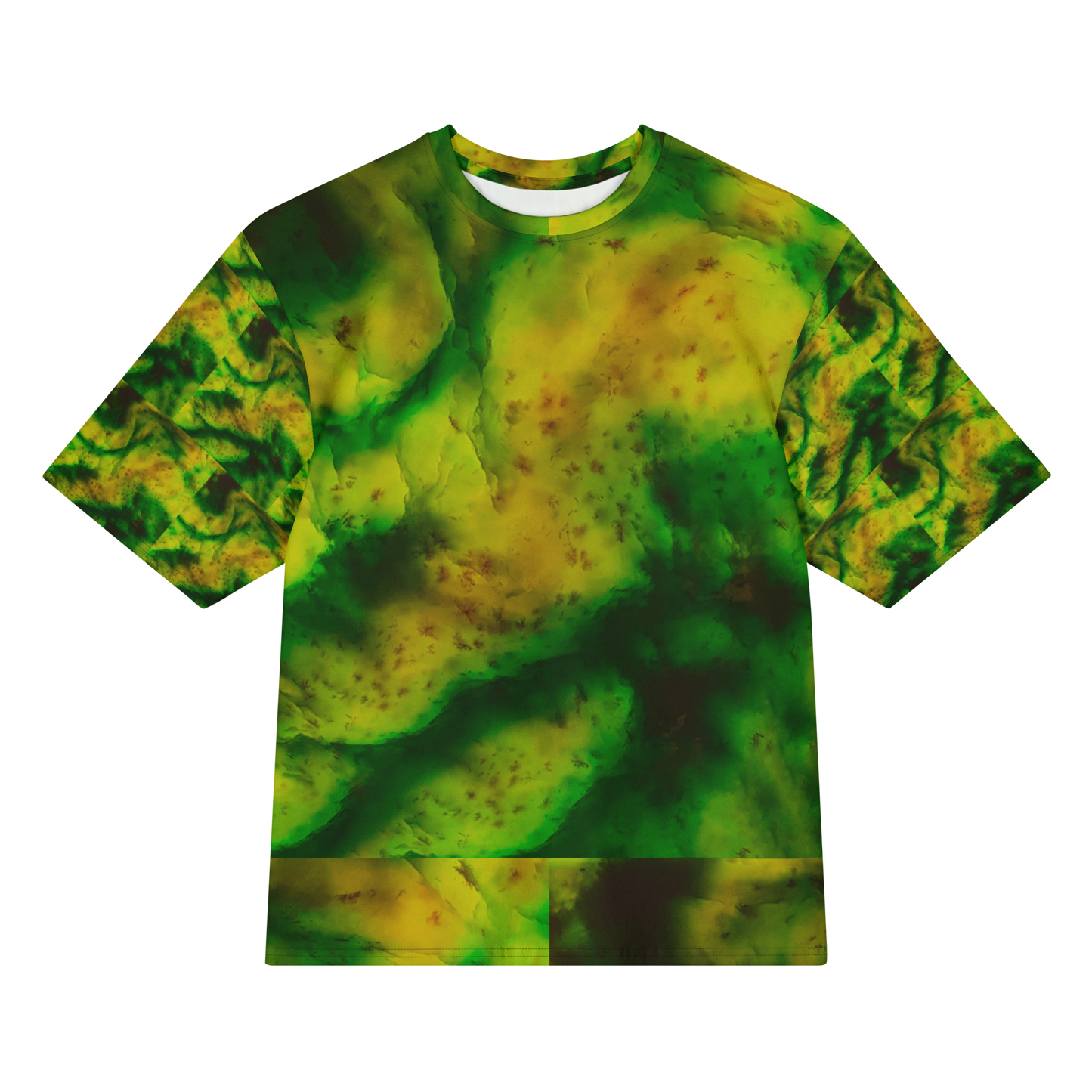 Front view of Purely Jade Light Cotton OverSized T-Shirt with soft green-yellow clouded jade field with larger painterly planes and dark green pooling, and patterned sleeves by RJSTH.