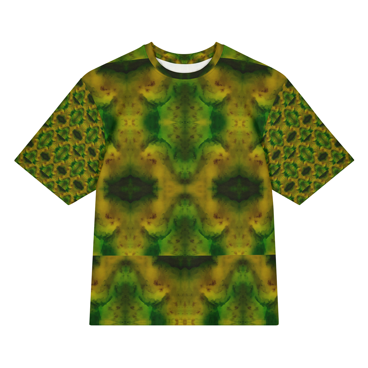Front view of Purely Jade Light Cotton OverSized T-Shirt with green-yellow clouded jade field and large dark green medallion chamber shapes, and patterned sleeves by RJSTH.