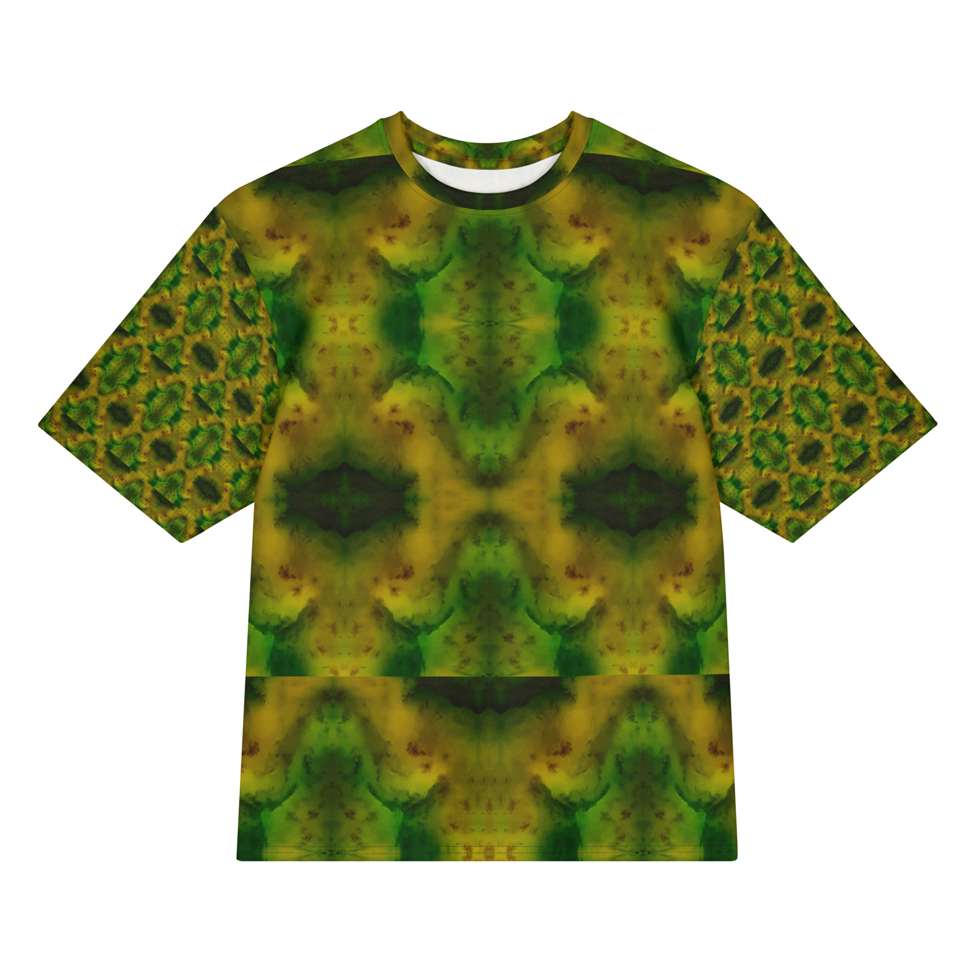 Front view of Purely Jade Light Cotton OverSized T-Shirt with green-yellow clouded jade field and large dark green medallion chamber shapes, and patterned sleeves by RJSTH.