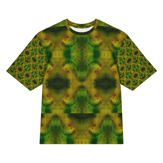 Front view of Purely Jade Light Cotton OverSized T-Shirt with green-yellow clouded jade field and large dark green medallion chamber shapes, and patterned sleeves by RJSTH.
