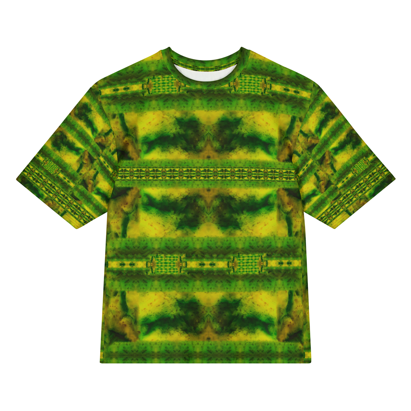 Front view of Purely Jade Light Cotton OverSized T-Shirt with horizontal green-yellow chamber bands across the body, and patterned sleeves by RJSTH.