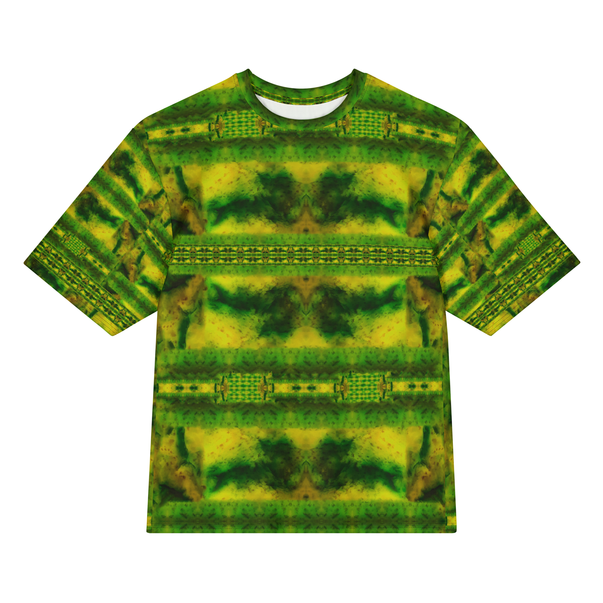Front view of Purely Jade Light Cotton OverSized T-Shirt with horizontal green-yellow chamber bands across the body, and patterned sleeves by RJSTH.