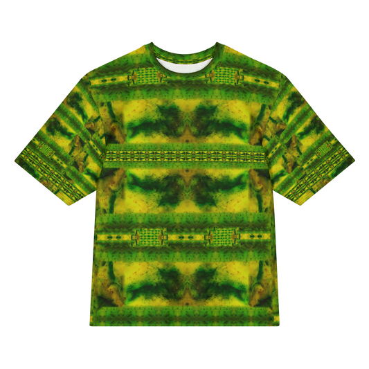 Front view of Purely Jade Light Cotton OverSized T-Shirt with horizontal green-yellow chamber bands across the body, and patterned sleeves by RJSTH.