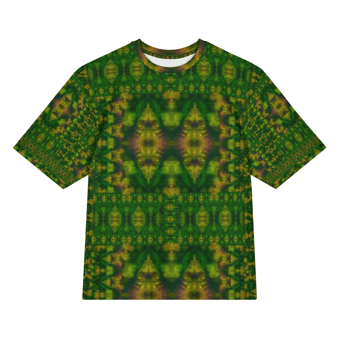 Front view of Purely Jade Light Cotton OverSized T-Shirt with darker green mirrored diamond chamber field and yellow highlights, and patterned sleeves by RJSTH.