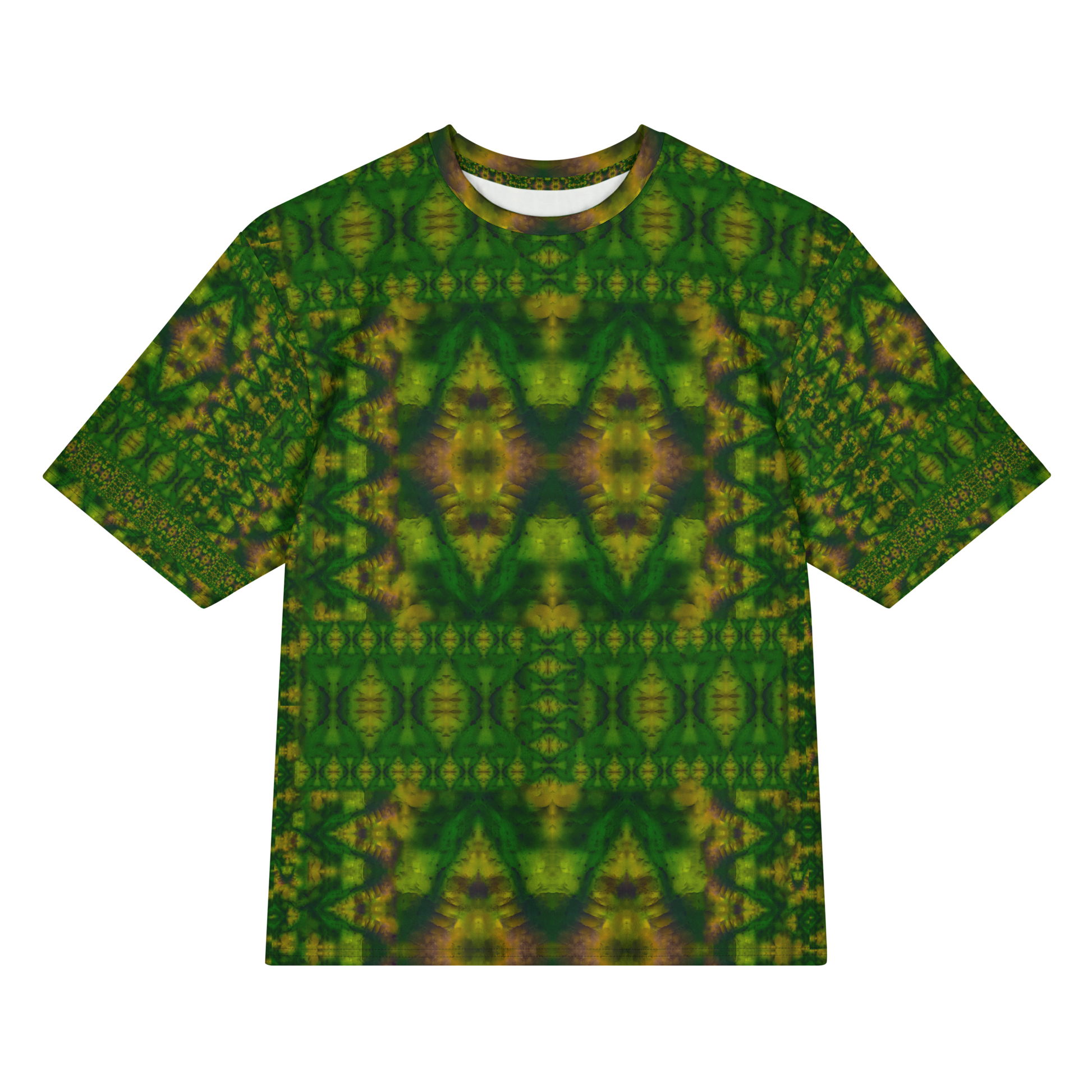 Front view of Purely Jade Light Cotton OverSized T-Shirt with darker green mirrored diamond chamber field and yellow highlights, and patterned sleeves by RJSTH.
