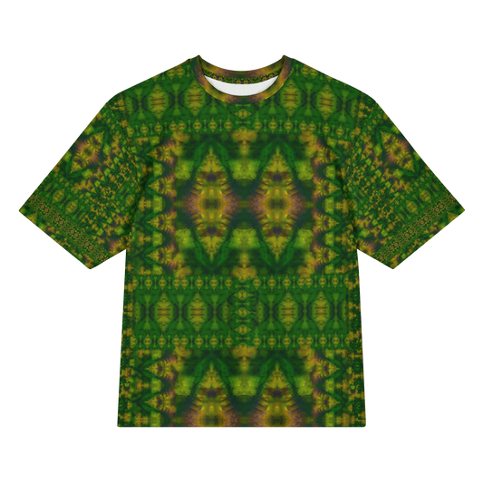 Front view of Purely Jade Light Cotton OverSized T-Shirt with darker green mirrored diamond chamber field and yellow highlights, and patterned sleeves by RJSTH.