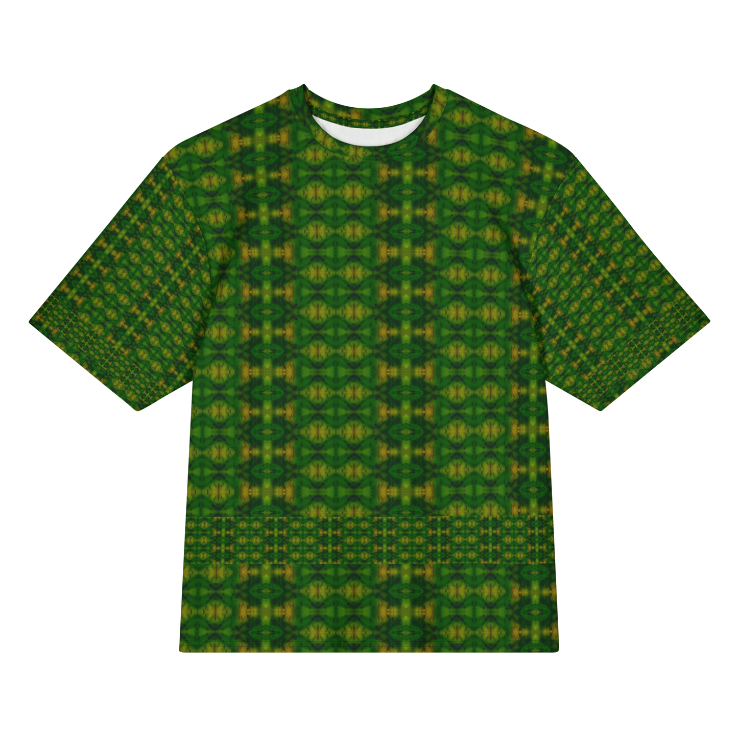 Front view of Purely Jade Light Cotton OverSized T-Shirt with green-dominant small boxed lattice, medallion repeat, and lower band, and patterned sleeves by RJSTH.