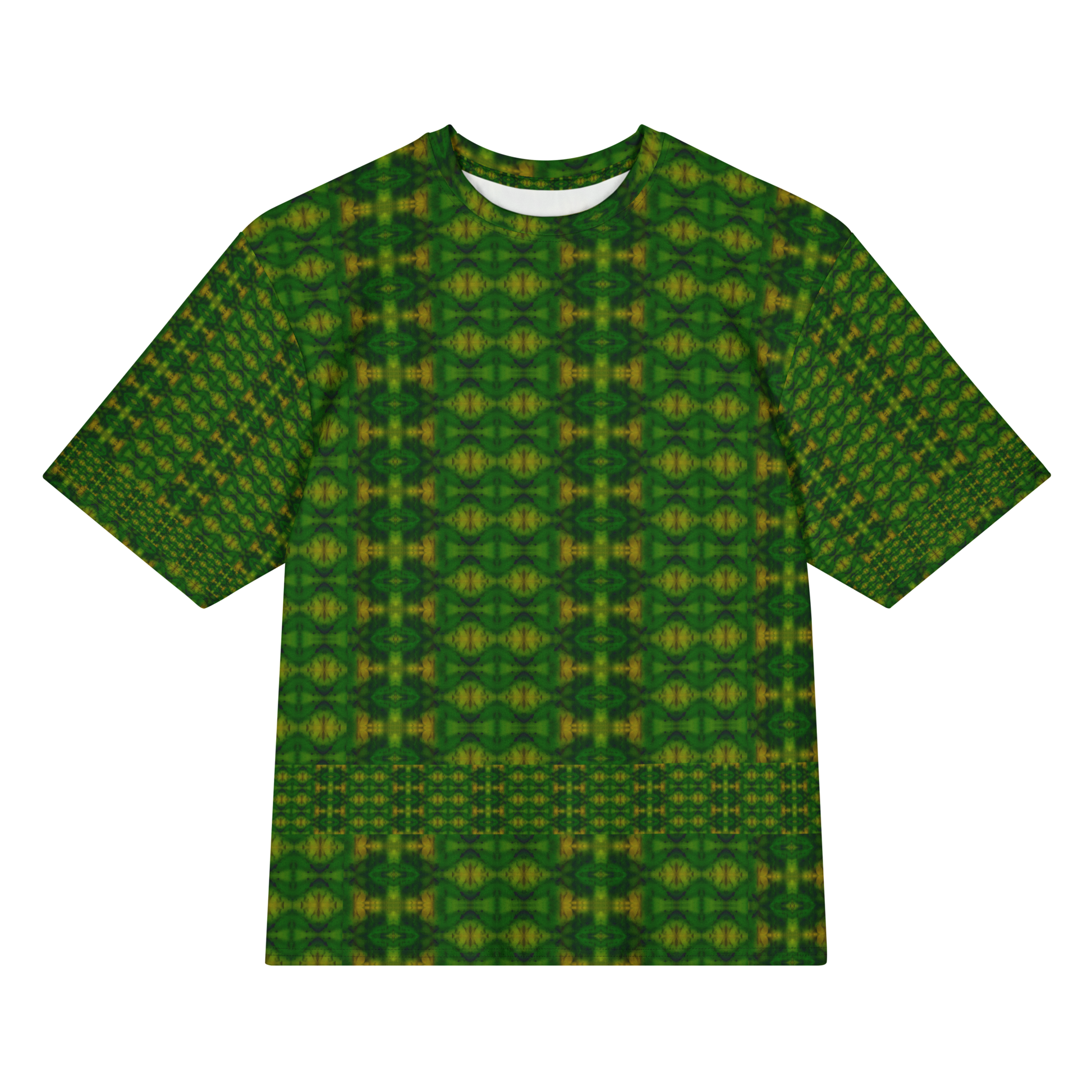 Front view of Purely Jade Light Cotton OverSized T-Shirt with green-dominant small boxed lattice, medallion repeat, and lower band, and patterned sleeves by RJSTH.
