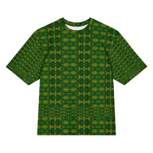 Front view of Purely Jade Light Cotton OverSized T-Shirt with green-dominant small boxed lattice, medallion repeat, and lower band, and patterned sleeves by RJSTH.