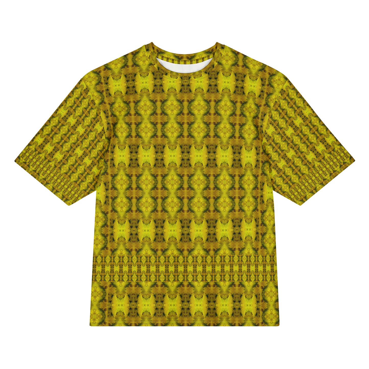 Front view of Purely Jade Light Cotton OverSized T-Shirt with gold-green vertical medallion lattice columns, and patterned sleeves by RJSTH.
