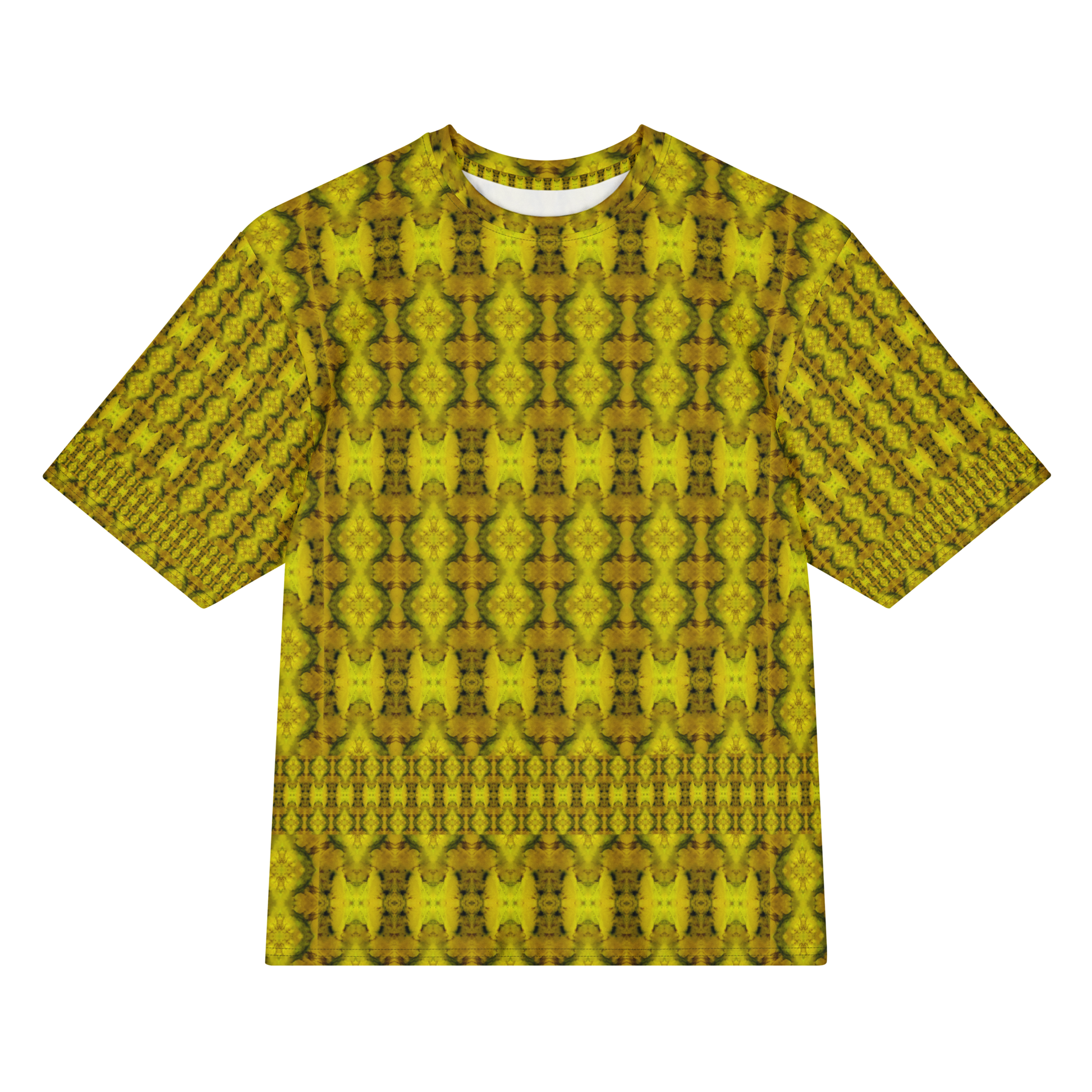 Front view of Purely Jade Light Cotton OverSized T-Shirt with gold-green vertical medallion lattice columns, and patterned sleeves by RJSTH.