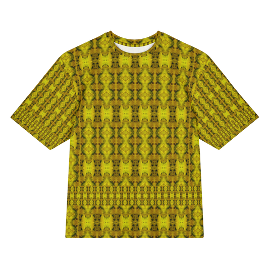 Front view of Purely Jade Light Cotton OverSized T-Shirt with gold-green vertical medallion lattice columns, and patterned sleeves by RJSTH.