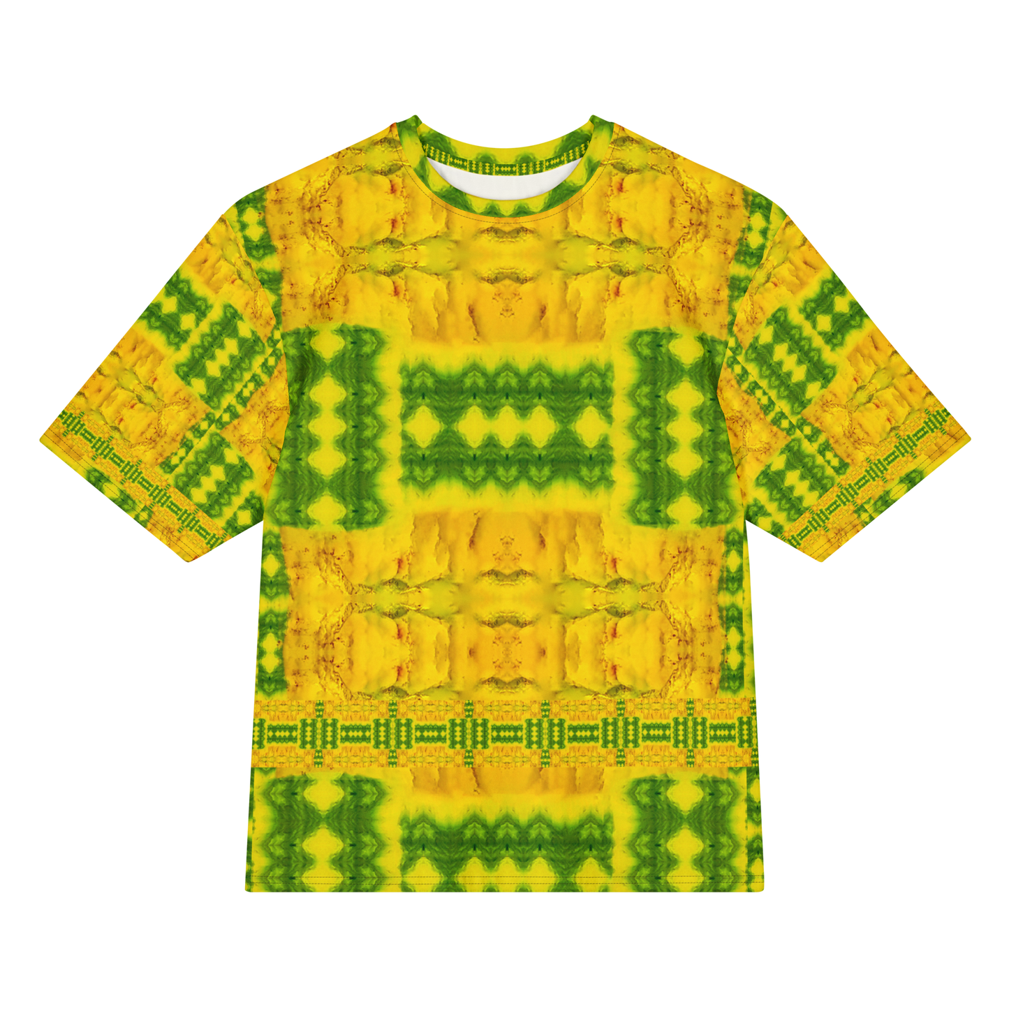 Front view of Purely Jade Light Cotton OverSized T-Shirt with bright yellow-gold field, green rectangular chamber bands, and lower patterned band, and patterned sleeves by RJSTH.