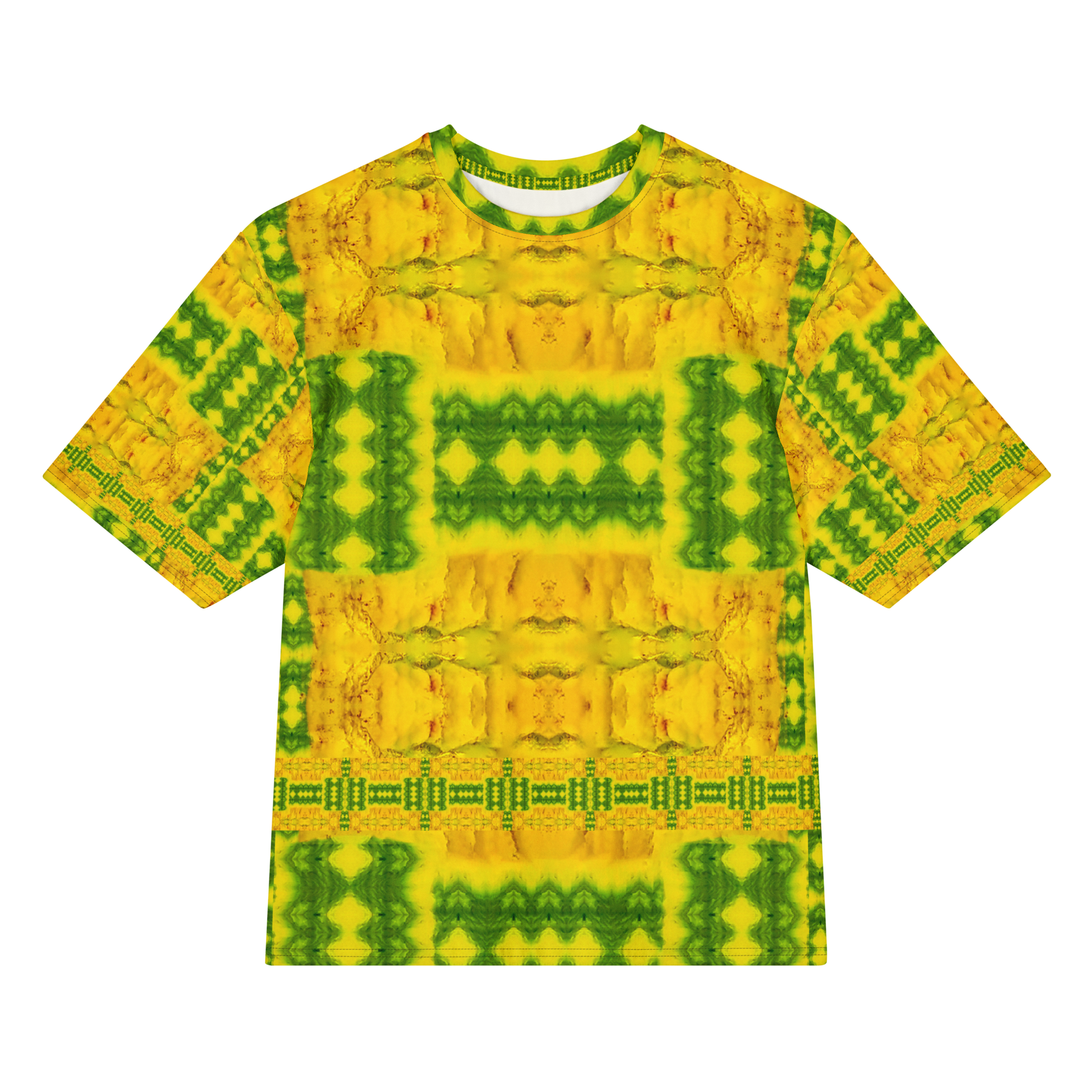 Front view of Purely Jade Light Cotton OverSized T-Shirt with bright yellow-gold field, green rectangular chamber bands, and lower patterned band, and patterned sleeves by RJSTH.