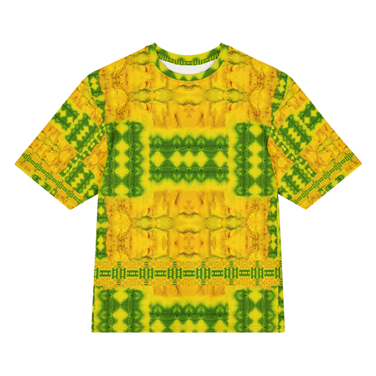 Front view of Purely Jade Light Cotton OverSized T-Shirt with bright yellow-gold field, green rectangular chamber bands, and lower patterned band, and patterned sleeves by RJSTH.