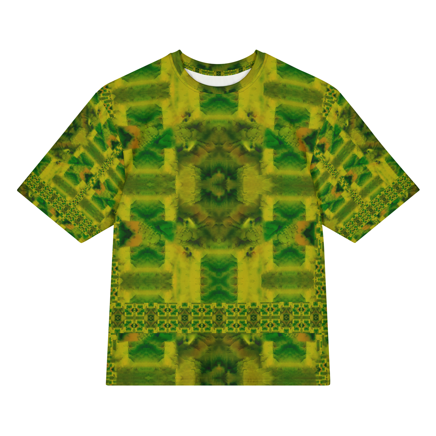 Front view of Purely Jade Light Cotton OverSized T-Shirt with yellow-green block chamber composition and central dark flower medallion, and patterned sleeves by RJSTH.
