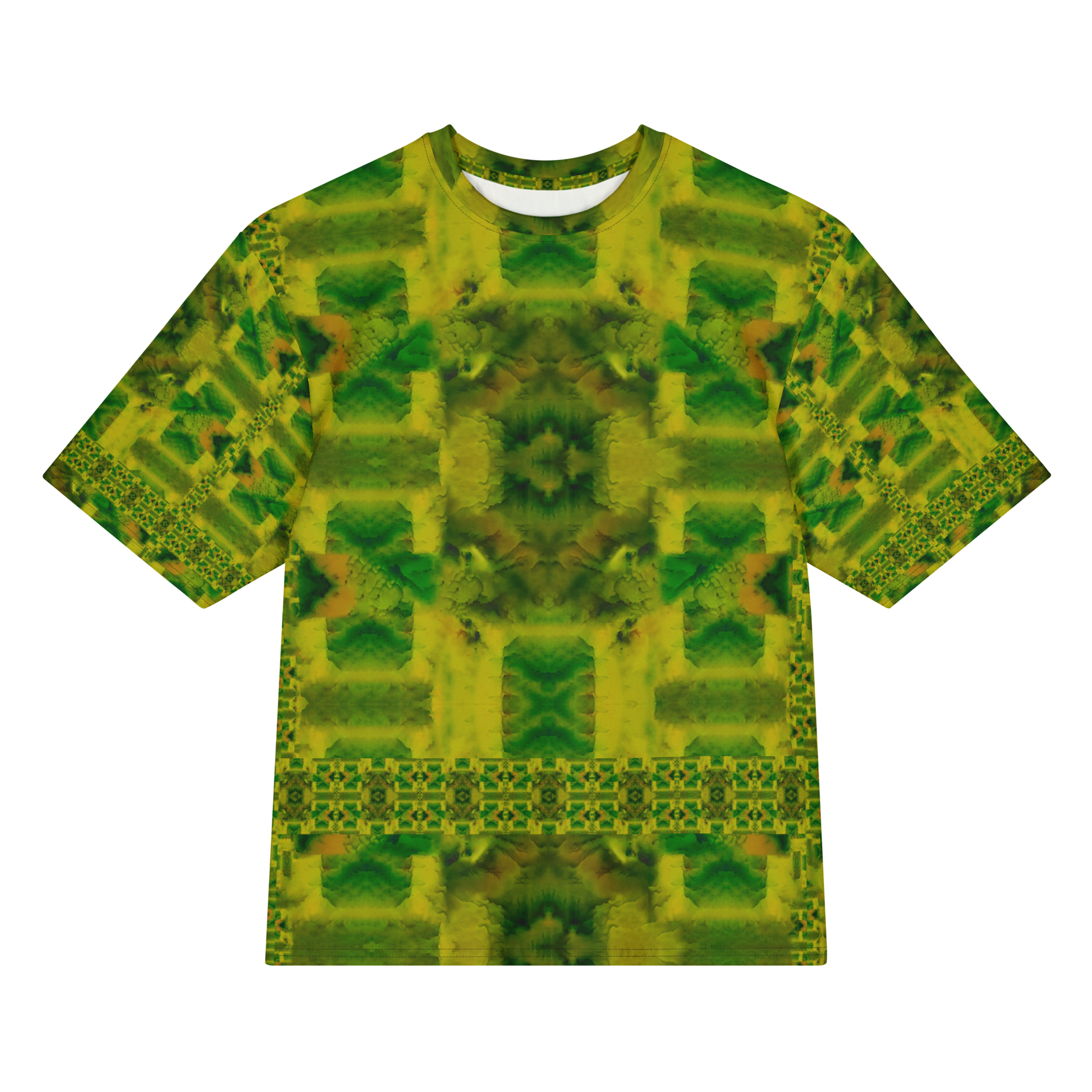 Front view of Purely Jade Light Cotton OverSized T-Shirt with yellow-green block chamber composition and central dark flower medallion, and patterned sleeves by RJSTH.