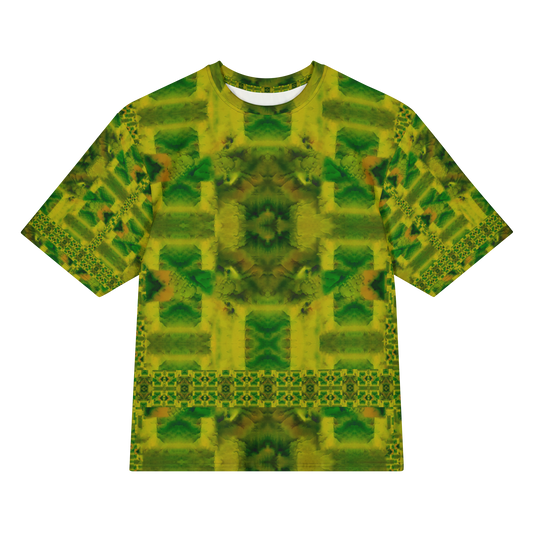 Front view of Purely Jade Light Cotton OverSized T-Shirt with yellow-green block chamber composition and central dark flower medallion, and patterned sleeves by RJSTH.