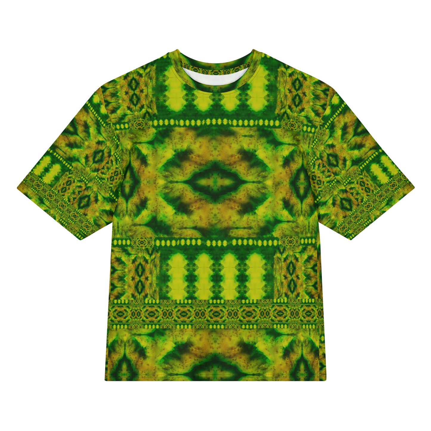 Front view of Purely Jade Light Cotton OverSized T-Shirt with ornate green-yellow horizontal chamber layout and central eye-like medallion, and patterned sleeves by RJSTH.