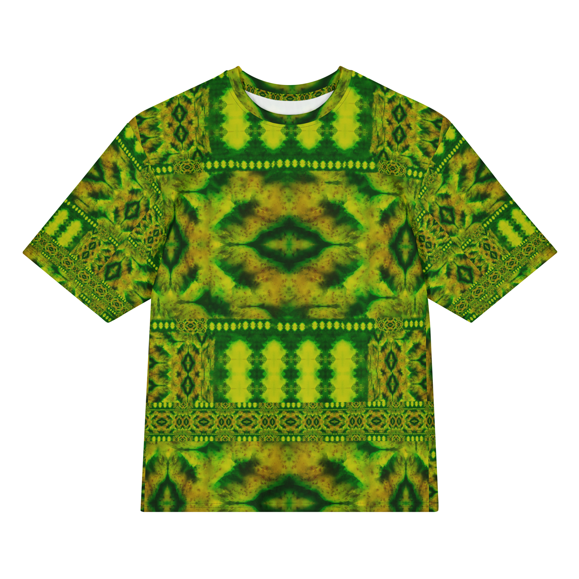 Front view of Purely Jade Light Cotton OverSized T-Shirt with ornate green-yellow horizontal chamber layout and central eye-like medallion, and patterned sleeves by RJSTH.